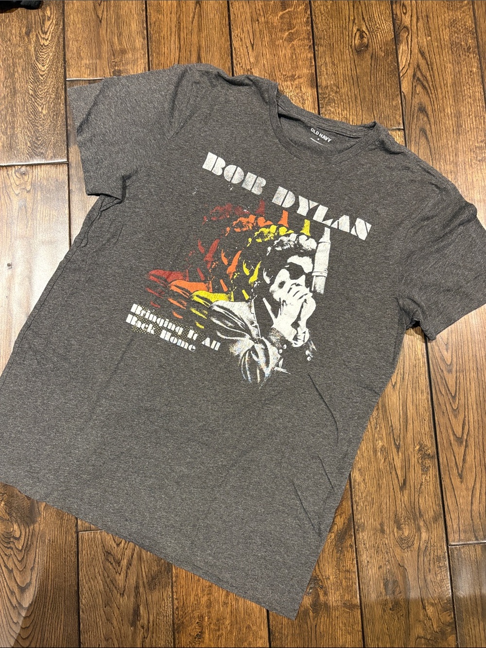 Old Navy Charcoal Gray Bob Dylan Graphic Tee with Multicolor Print